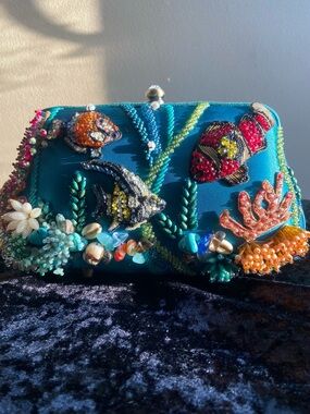 Teal Ocean Beaded Clutch with Fish Embellishments (Mary Francis)